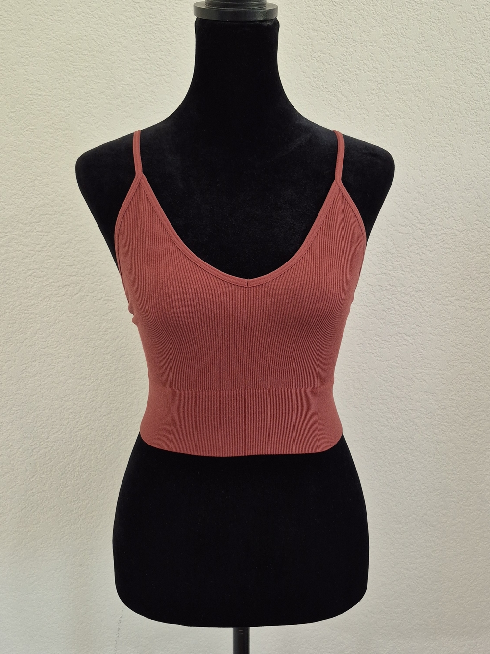 Ribbed V-Neck Spaghetti Strap Crop Top - Rust